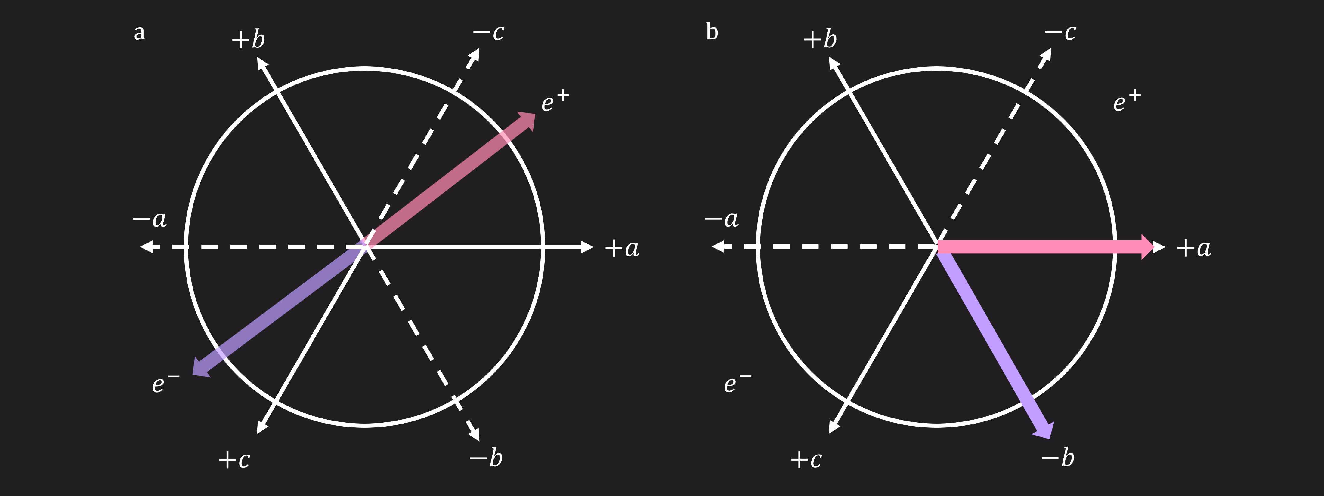 Diagram pokazujący dwa początkowe wektory spinu, po których następują możliwe pomiary wzdłuż trzech linii a, b i c, z których każda ma kierunek dodatni i ujemny. Ponieważ te osie nie są wzajemnie prostopadłe, Lucas i Rihanna nie zmierzą spinów w przeciwnych kierunkach, chyba że zdarzy im się wybrać pomiar wzdłuż tych samych osi.