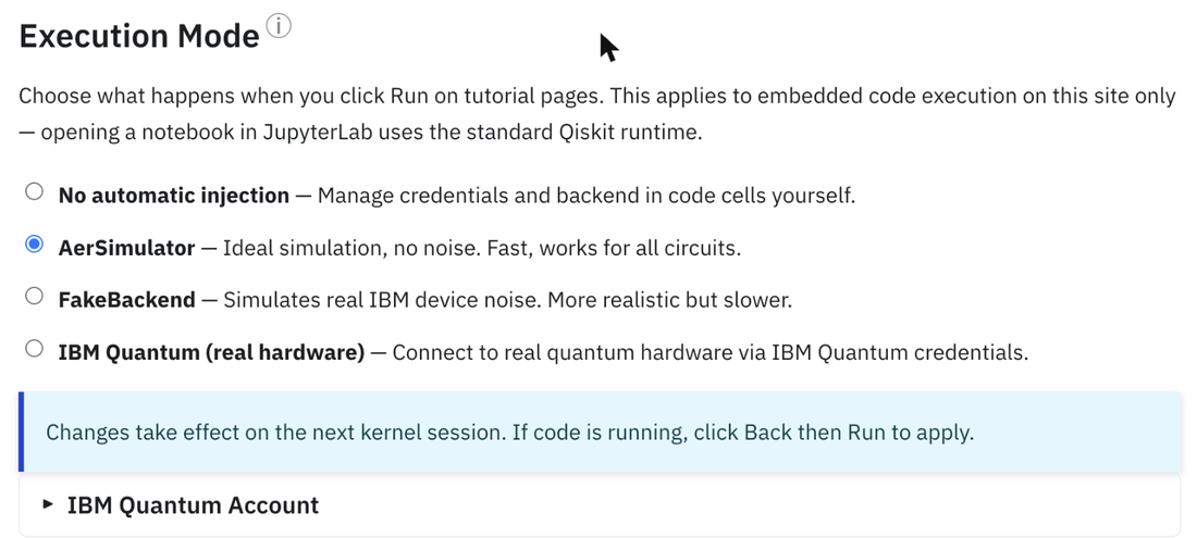 Ustawienie trybu wykonania: AerSimulator, FakeBackend lub IBM Quantum (prawdziwy sprzęt).